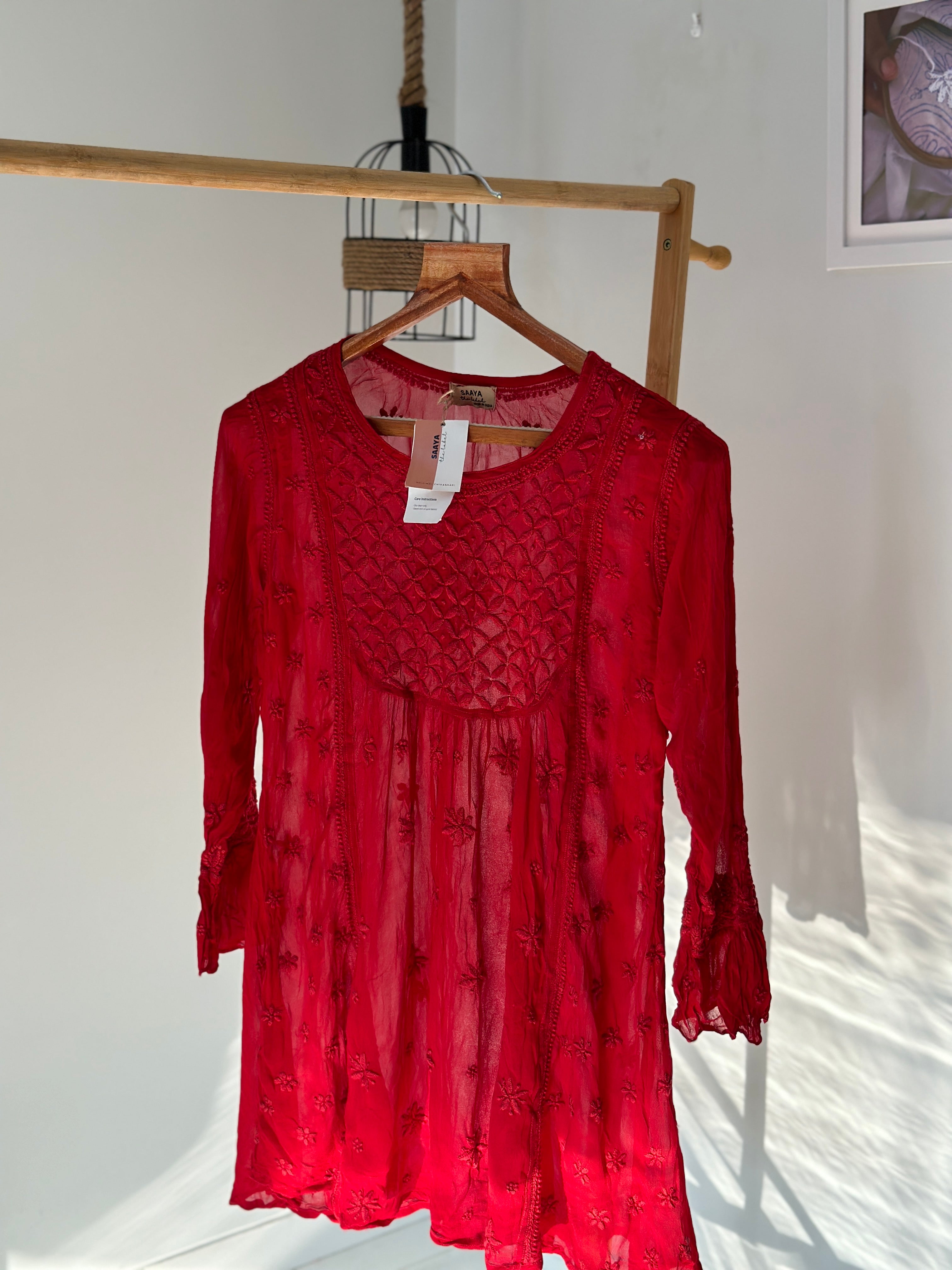 Rizaa chikankari kurti in Deep Red