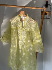 Organza chikan kurti- Lime Green