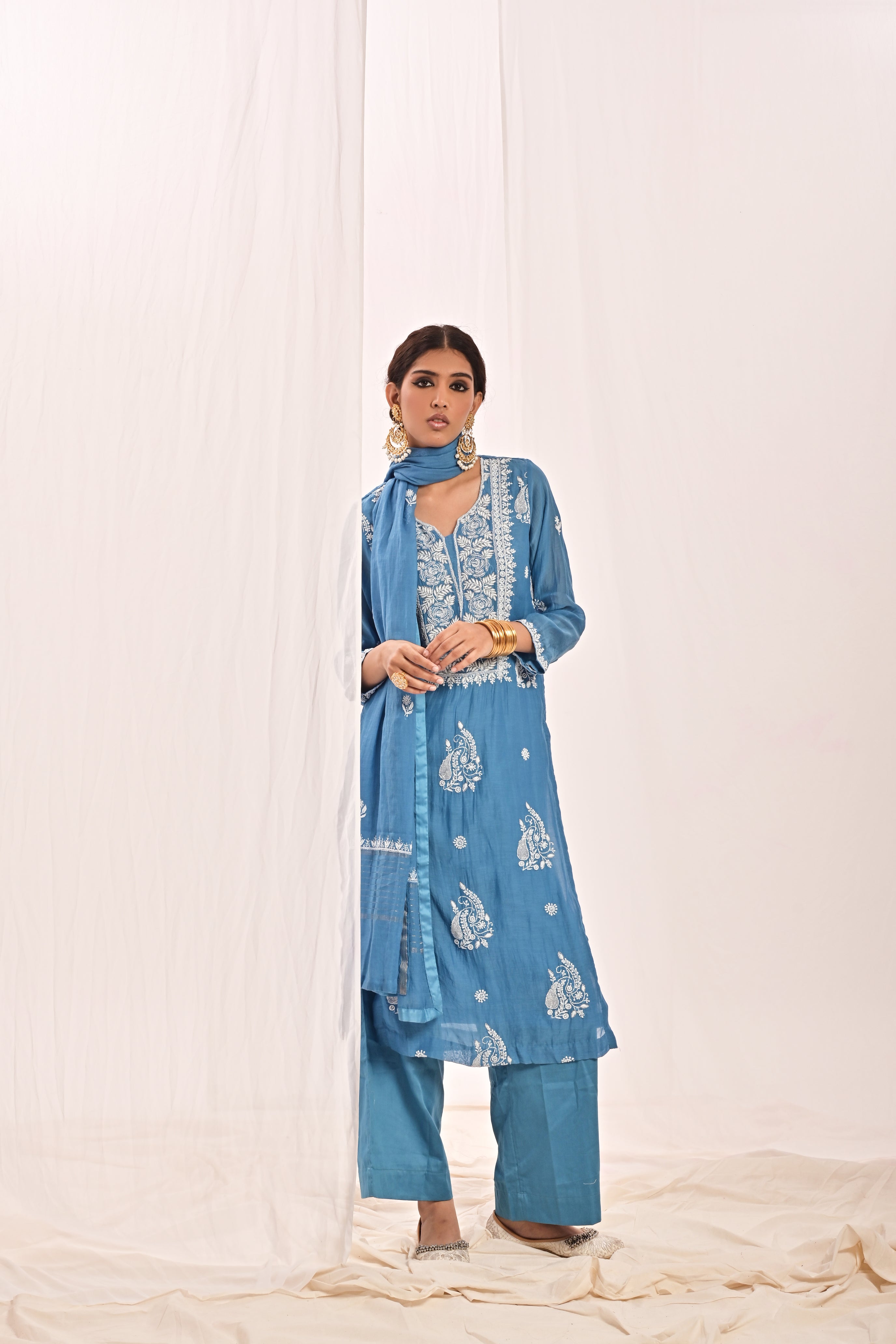 NAYAAB - CHANDERI SUIT SET IN BLUE