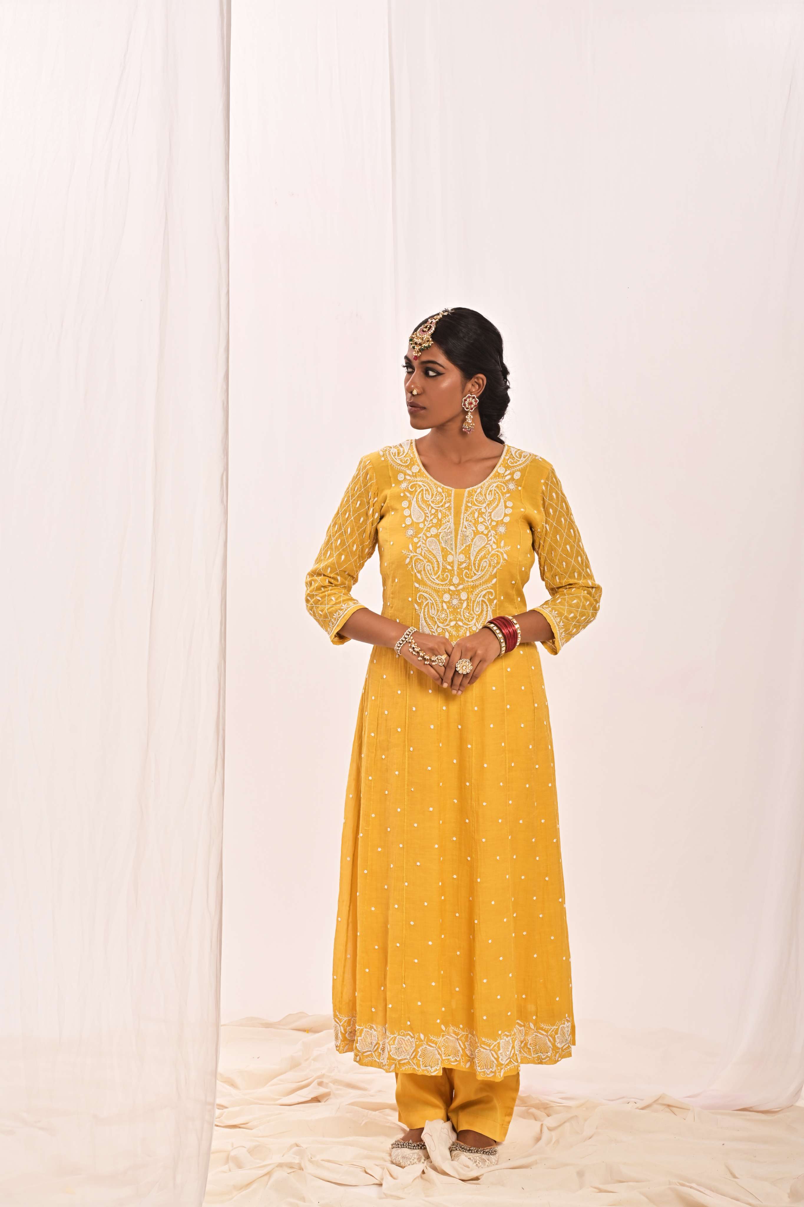 RIWAAZ - TISSUE ANARKALI SET IN YELLOW