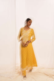 RIWAAZ - TISSUE ANARKALI SET IN YELLOW