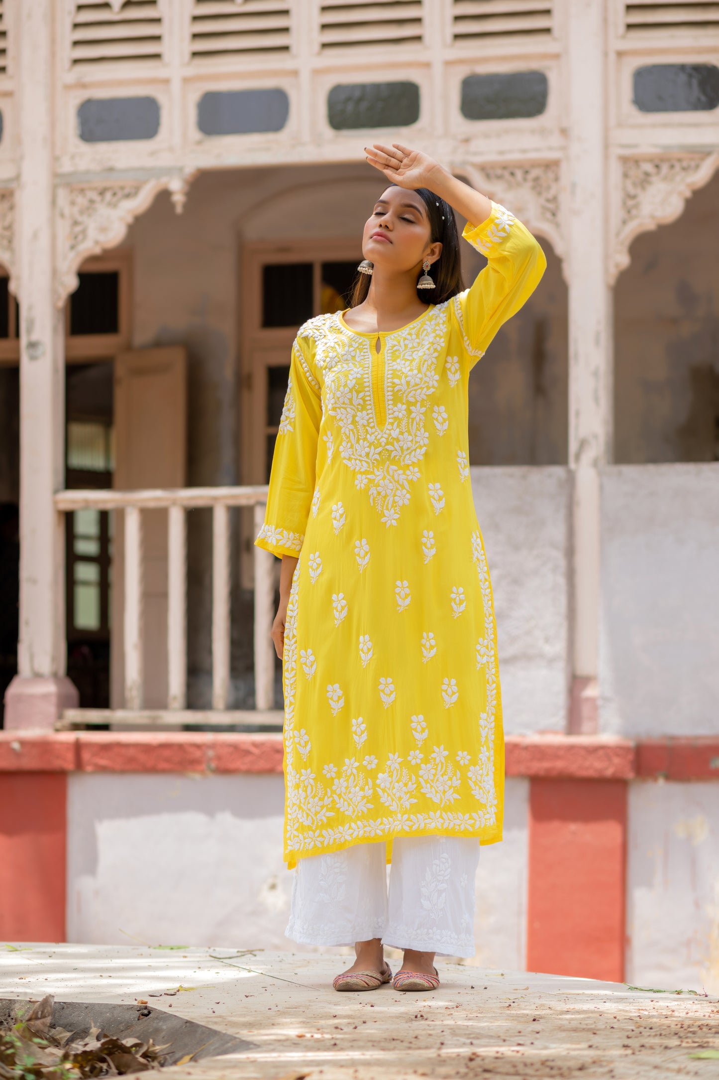 'AAYAT' CHIKAN MODAL KURTI PALAZZO SET IN YELLOW