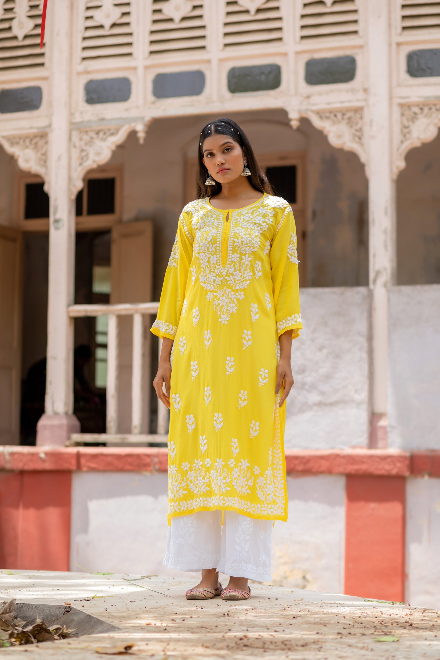 'AAYAT' CHIKAN MODAL KURTI PALAZZO SET IN YELLOW