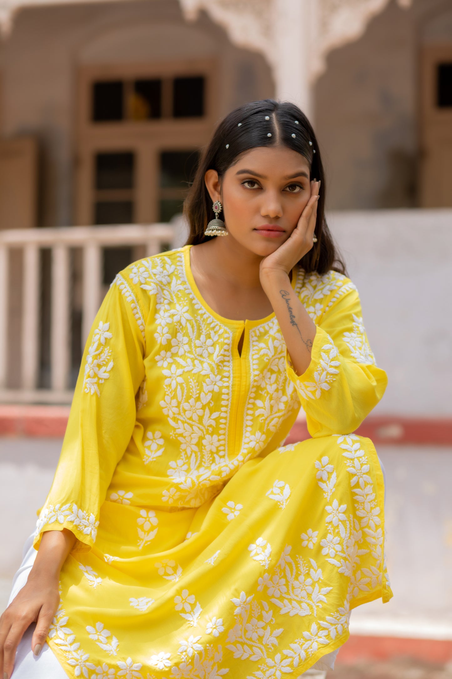 'AAYAT' CHIKAN MODAL KURTI PALAZZO SET IN YELLOW