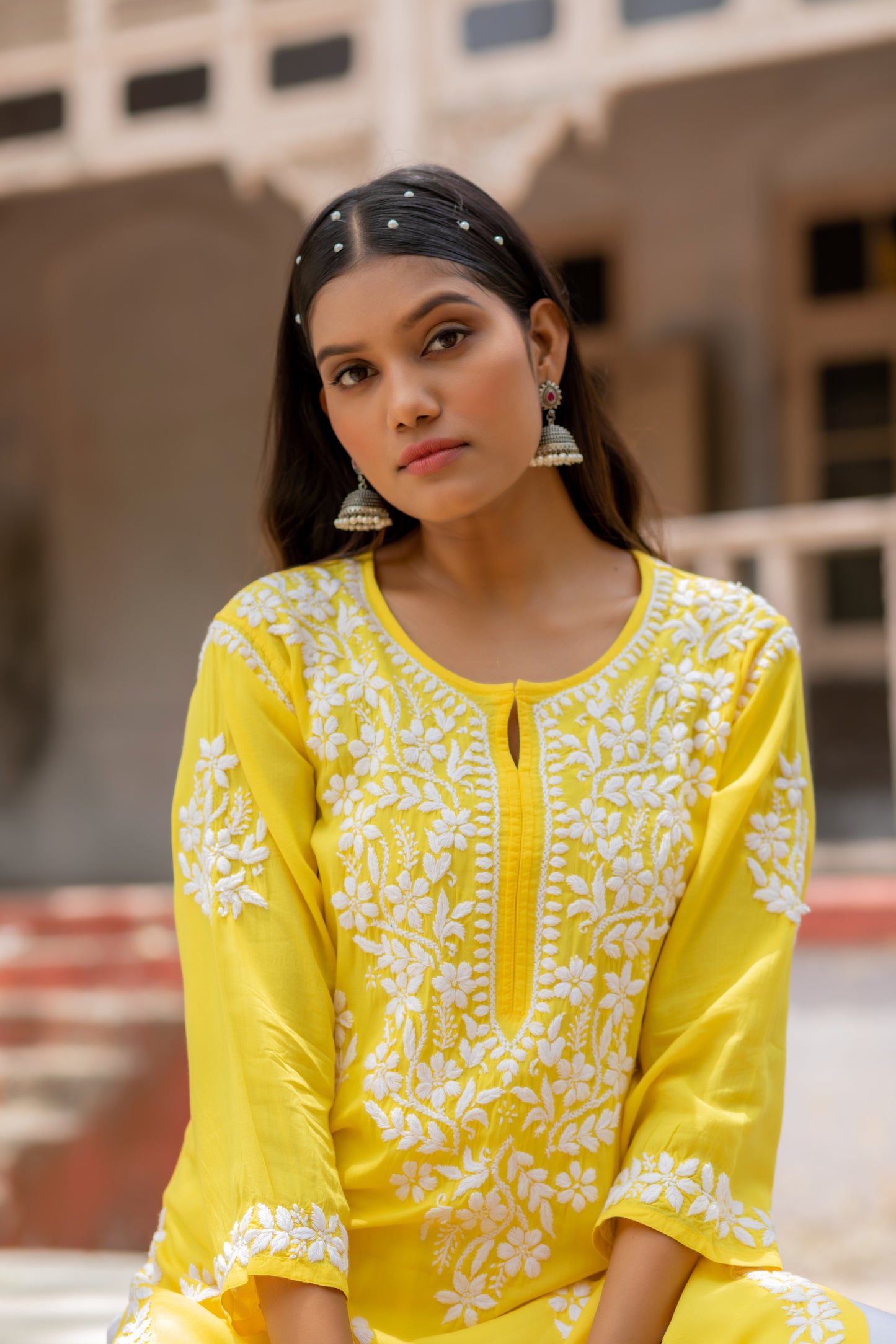 'AAYAT' CHIKAN MODAL KURTI PALAZZO SET IN YELLOW